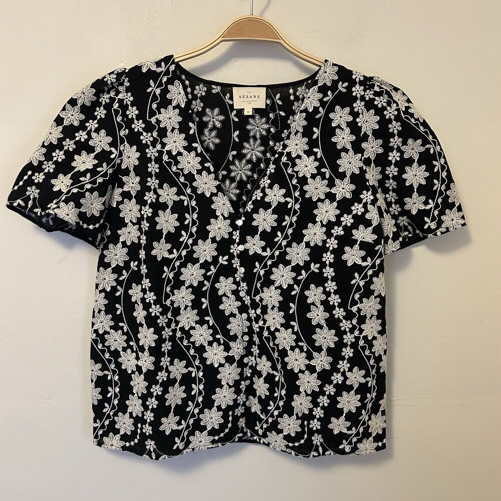 Sezane Embroidered Emma Blouse Black 38 in US 6 Black White Floral Cotton